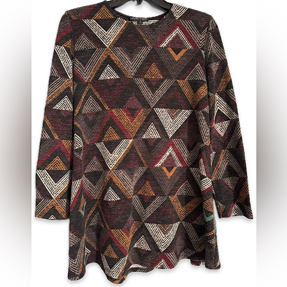 BOHO CHIC Ladies brand Geometric Patterned Long Sleeve Dress. SZ Large